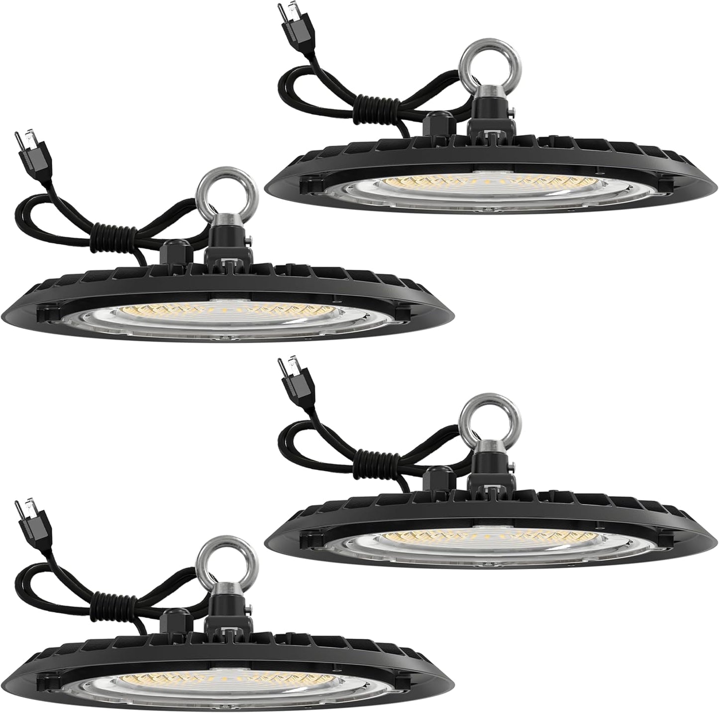 UFO LED High Bay Light, 4 Pack  Plug & Play Lighting for Warehouse, 4000K Cool White, 150W, Power Cord Included, 19500 LM, 120VAC, IP65, Waterproof