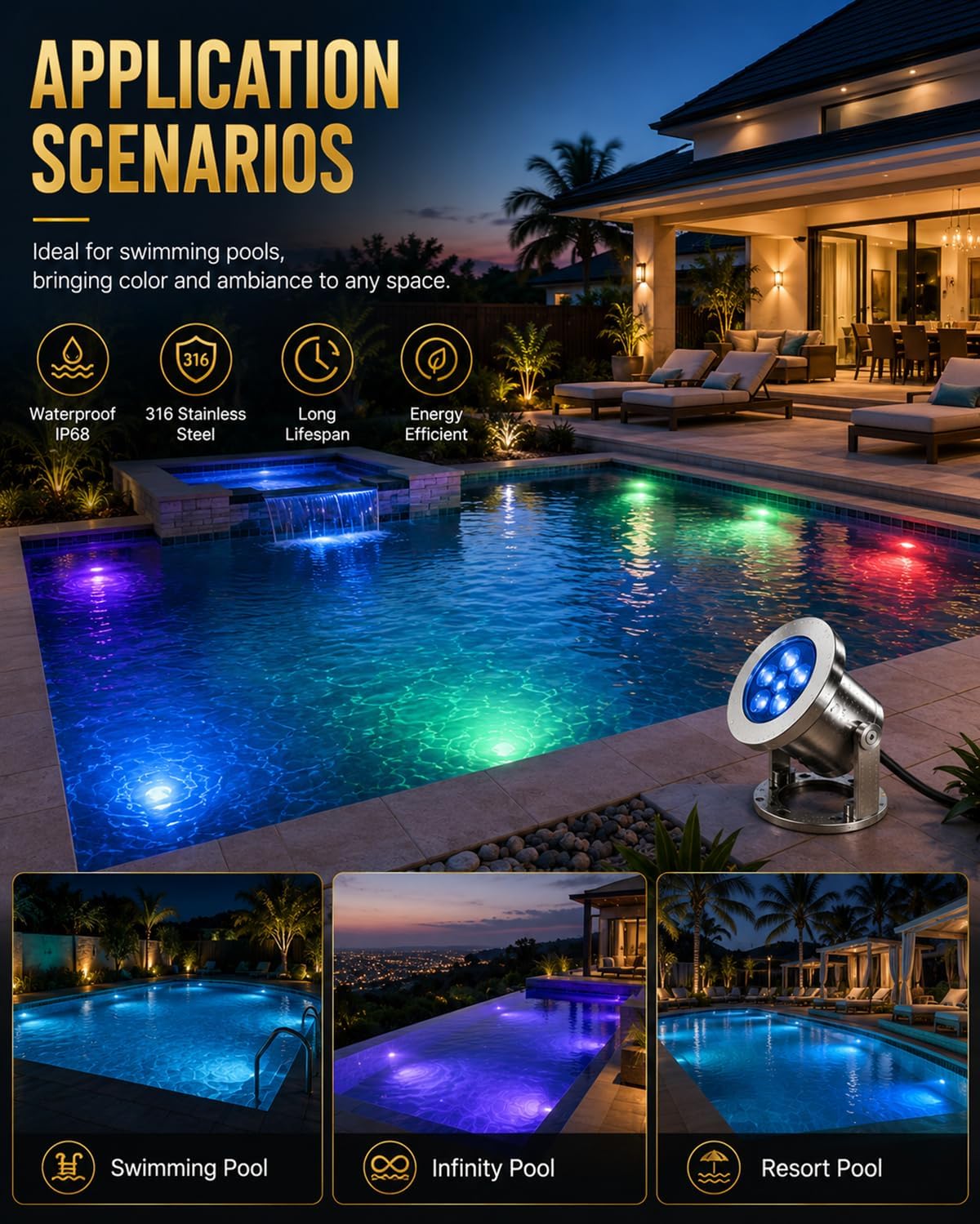 LED Pond Lights with Dual Remote Control, 6W SS316 Black RGB Underwater Fountain Light, IP68 Waterproof Submersible LED Lights for Pond Waterfall, Koi Fish Pond (2 Pack)
