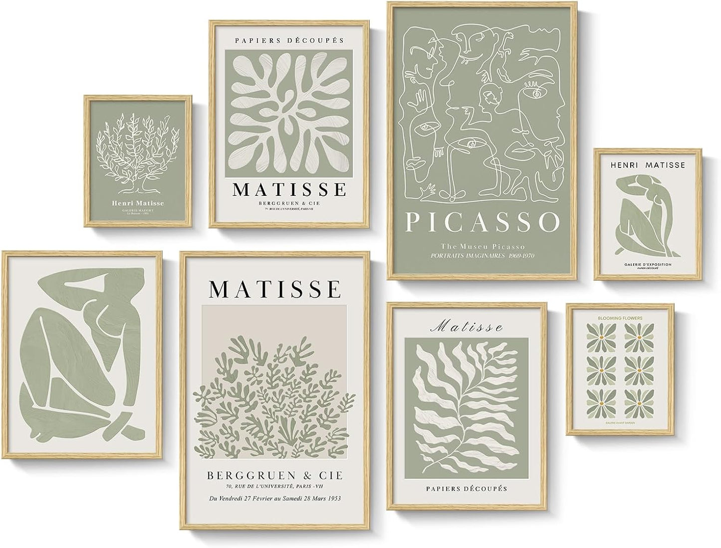 Framed Large Sage Green Matisse Wall Art for Living Room & Bedroom Decor - 8 Piece Vintage Matisse Canvas Artwork Prints Set, Abstract Botanical Wall