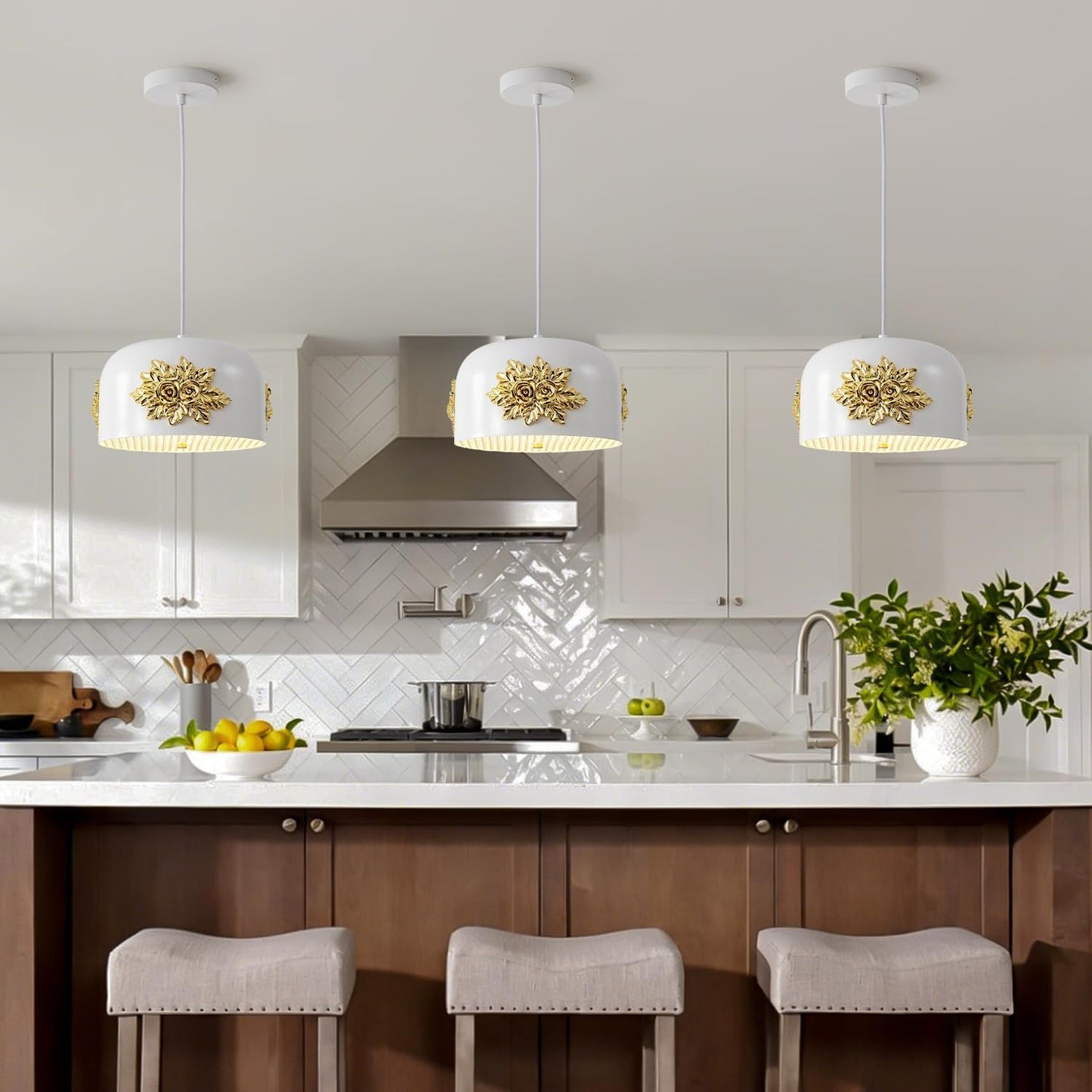 French 3-Light Gold Flower Pendant light, Elegant Floral Kitchen Island Chandelier Small Vintage Fixture 10.2 inch Art Deco Rose White drum-shaped Adjustable Hanging For Dining Room Hallway Entryway.