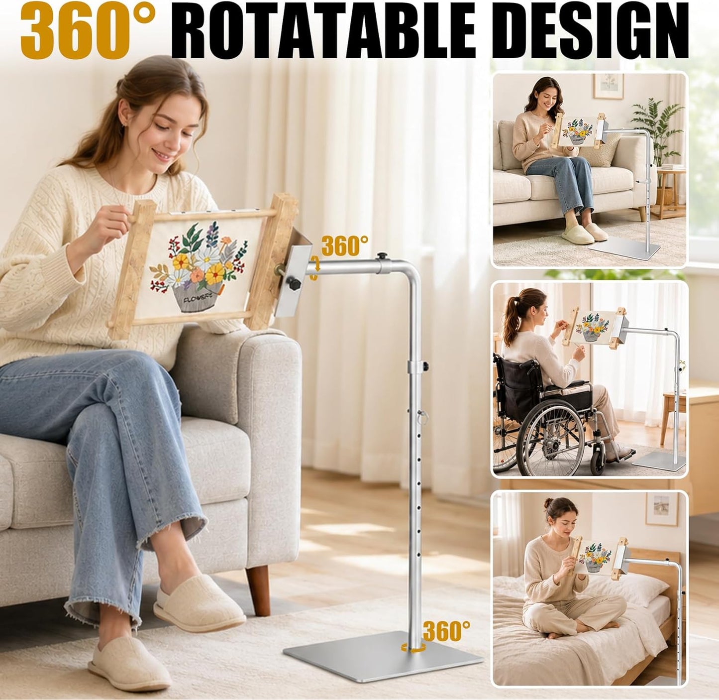 Heavy Duty Needlepoint Floor Stand with Side Clamp – 360° Rotating & Height Adjustable Workstand for Lowery, Cross Stitch Embroidery Stand Fits Q-Snap Frames & Scroll Rods up to 32" Wide, Extra-Large Stable Base
