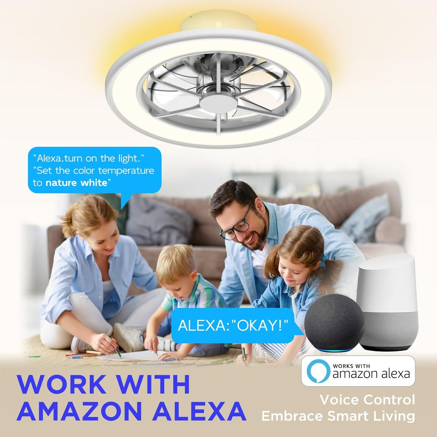 ocioc Low Profile Ceiling Fans with Lights,18 in Smart Ceiling Fans with Alexa/Google Assistant/App Control Color Changing LED-RGB Back Ambient Light