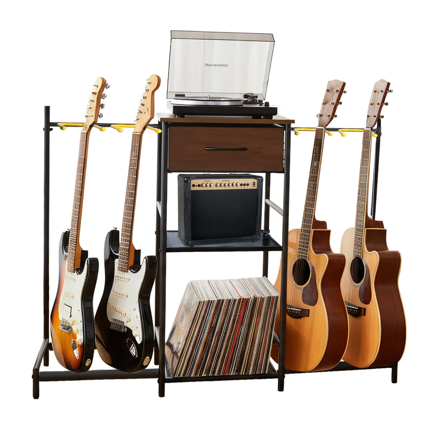 3-Tier Multi Guitar Floor Stand with Amp Stand and Cloth Drawer, Space-Saving Floor Guitar Rack for 4 Acoustic, Electric, or Bass Guitars and Ukeleles