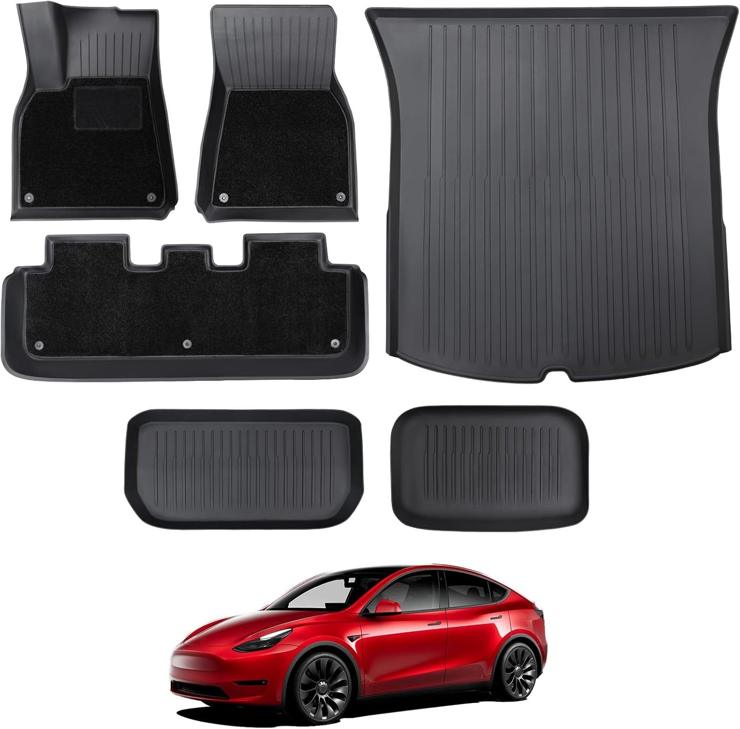 BASENOR Tesla Model Y Floor Mats Set All Weather Waterproof TPE Floor Mat Removable Anti-Slip Carpet Interior Liners Front Rear Cargo Liner Model Y