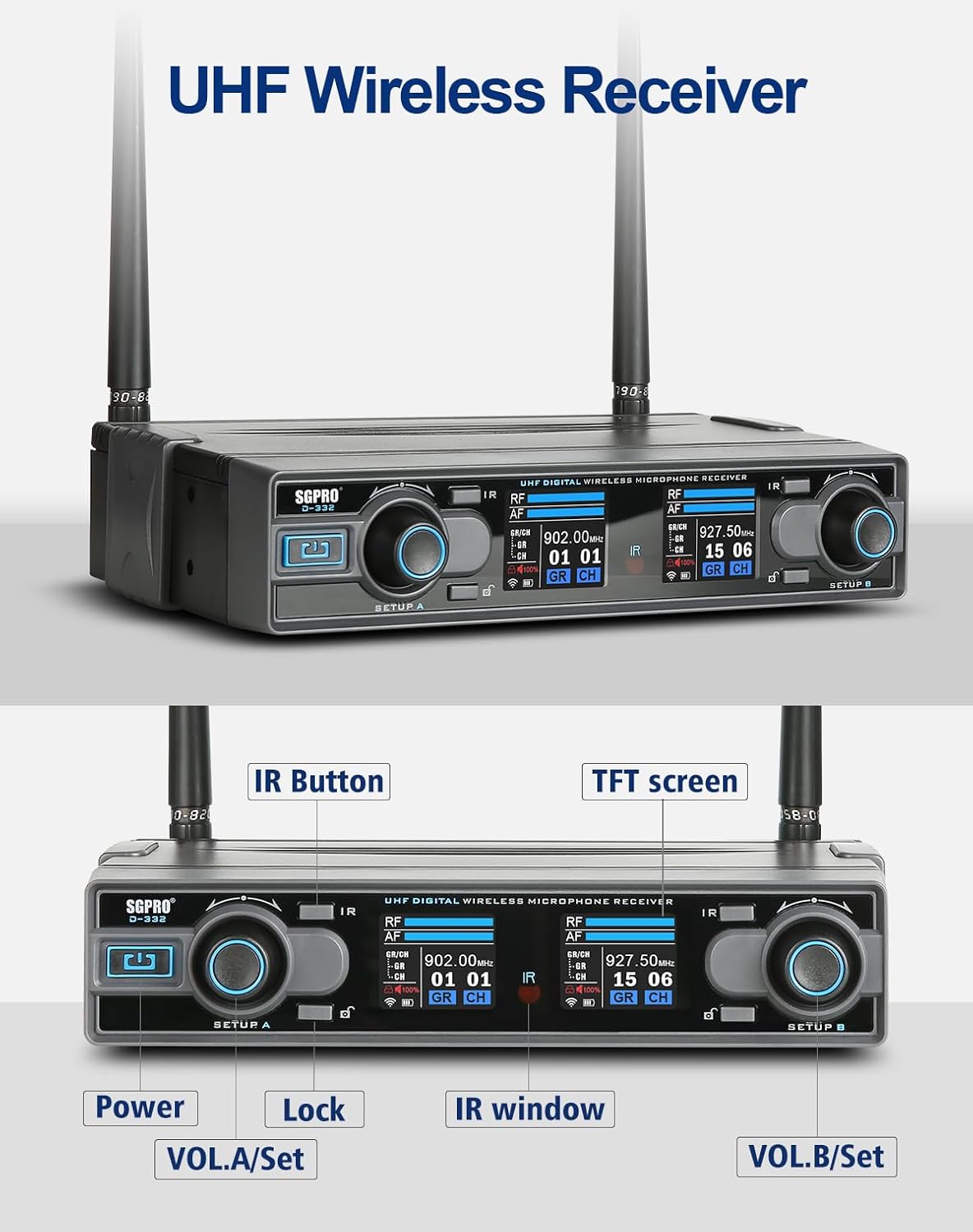 SGPRO Wireless Microphones with Two Bodypack Transmitters, Two Headsets, and Two Lavalier Lapel Mics, 90 UHF Channels, 262ft Range for Live Singing