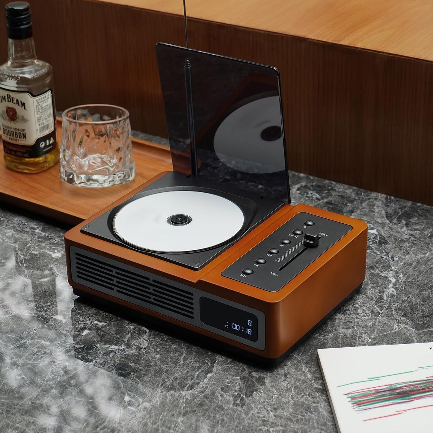 R02 Retro CD Player with FM Radio, Bluetooth 5.3 Transmitter & Receiver, Dual Stereo Speakers, Rechargeable Battery, USB/SD Playback, Home Audio System, Brown