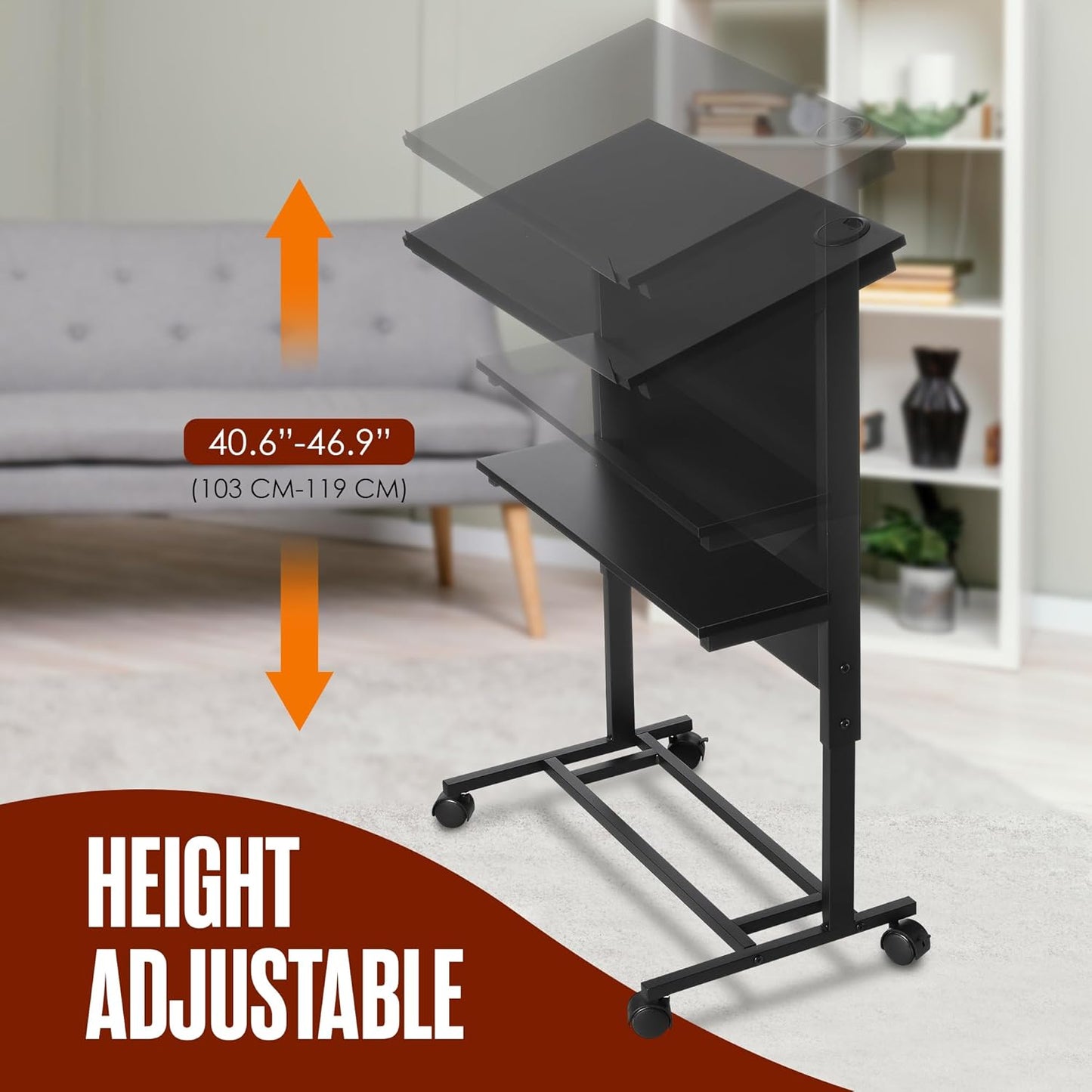 Houseables Rolling Podium Stand, Portable Podium with Wheels, 41- 47 Adjustable Height, Black, Wood, Metal, Lectern, Teacher Podium for Classroom,