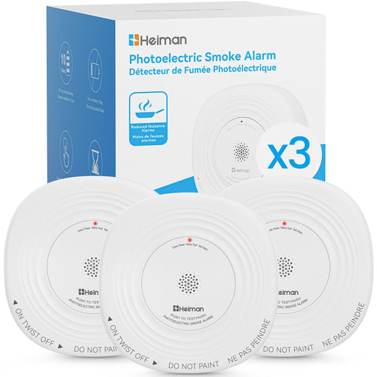 Heiman Smoke Detector 10-Year Sealed Battery Powered, UL 217 10th, 3-Pack | Photoelectric Smoke Alarm, LED Status Lights/85 dB Alarm/Test Silence Button, Fire Alarm for Home Hotel Rental Apartment