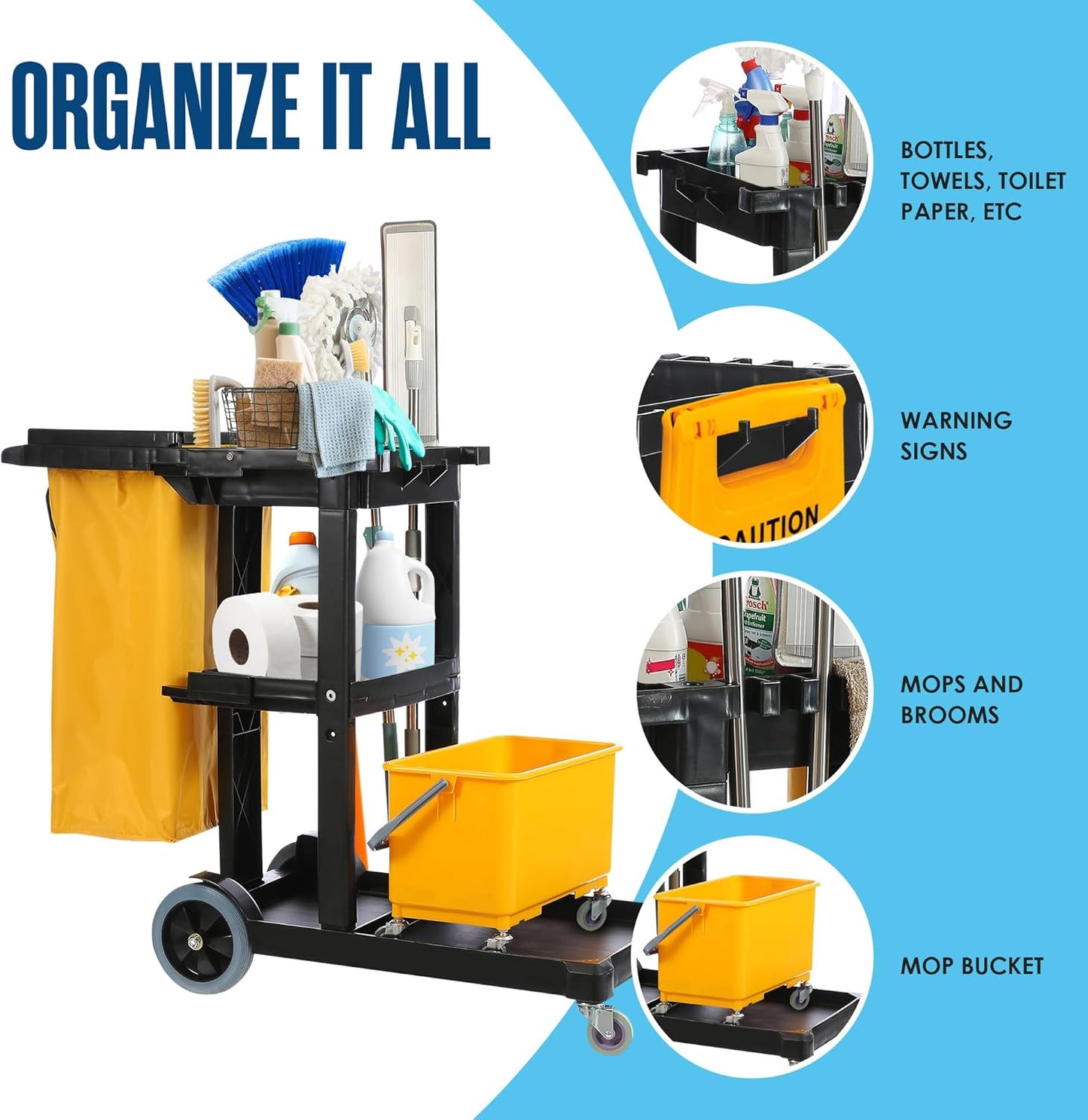 Houseables Cleaning Cart, Janitorial Cart, Cleaning Carts on Wheels, Commercial Housekeeping Cart, Janitor Cart, Rolling Cle