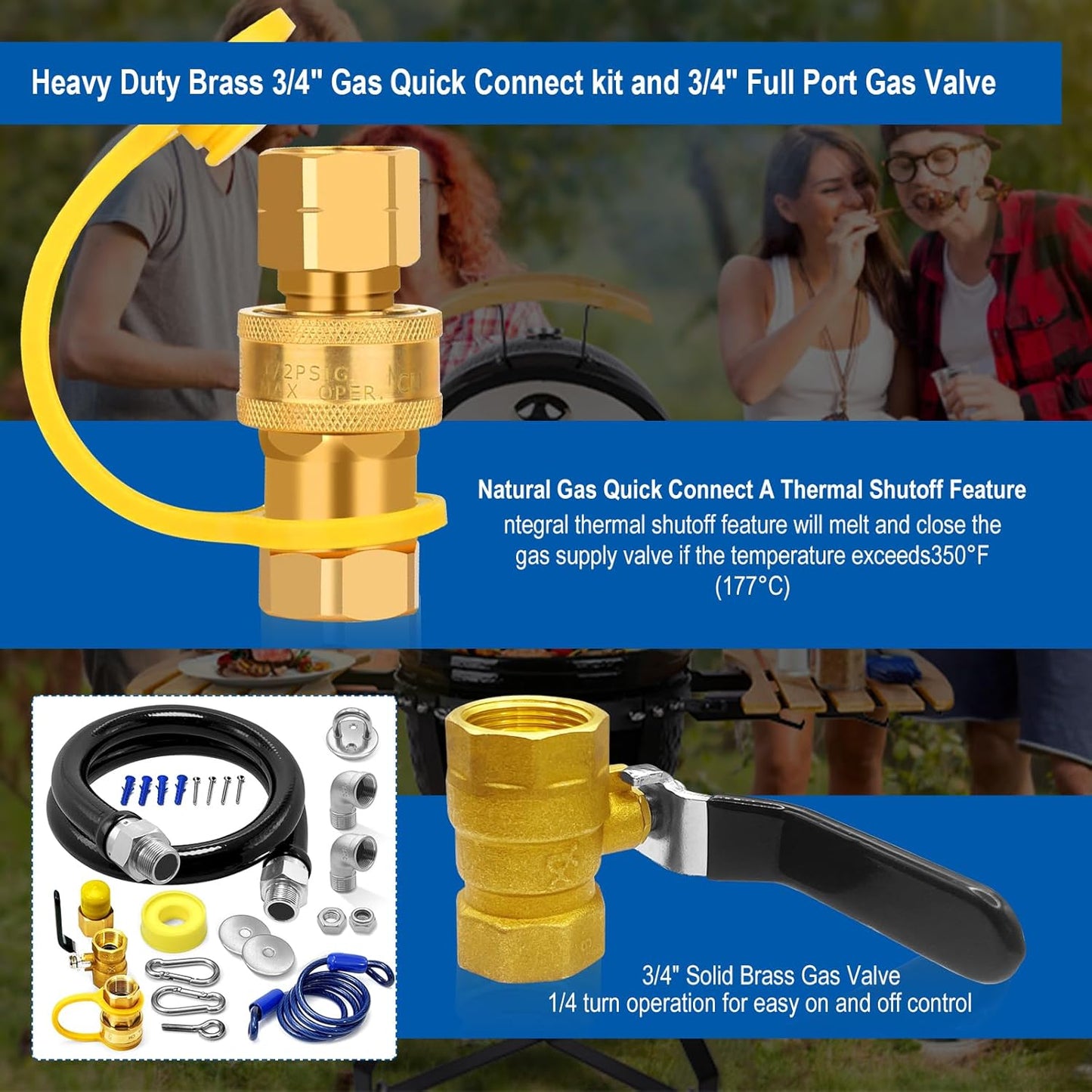 1675KIT48 Safety System Kit, 48" Mobile Gas Hose Connector with 2 Elbows, 3/4" Quick Disconnect, 3/4" Gas Flex Line & Gas Valve, Quick Connect & Disconnect for Commercial Kitchen Equipment.