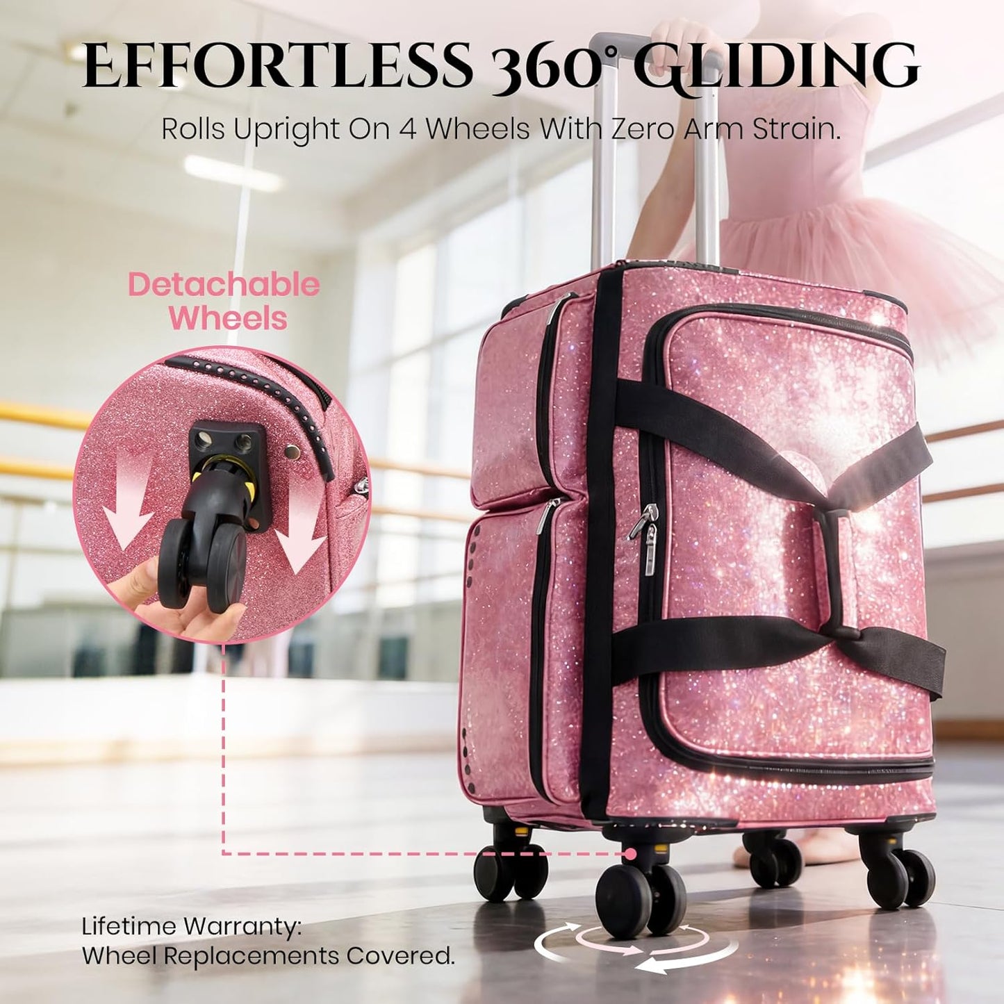 Fanwoli 23" Rolling Dance Duffel Bag with Garment Rack | Detachable 4-Spinner Wheels | Waterproof Glitter Fabric | Competition Travel Luggage for Cheerleader, Skating, Gymnast & Sleepover | Pink Sparkling Pink