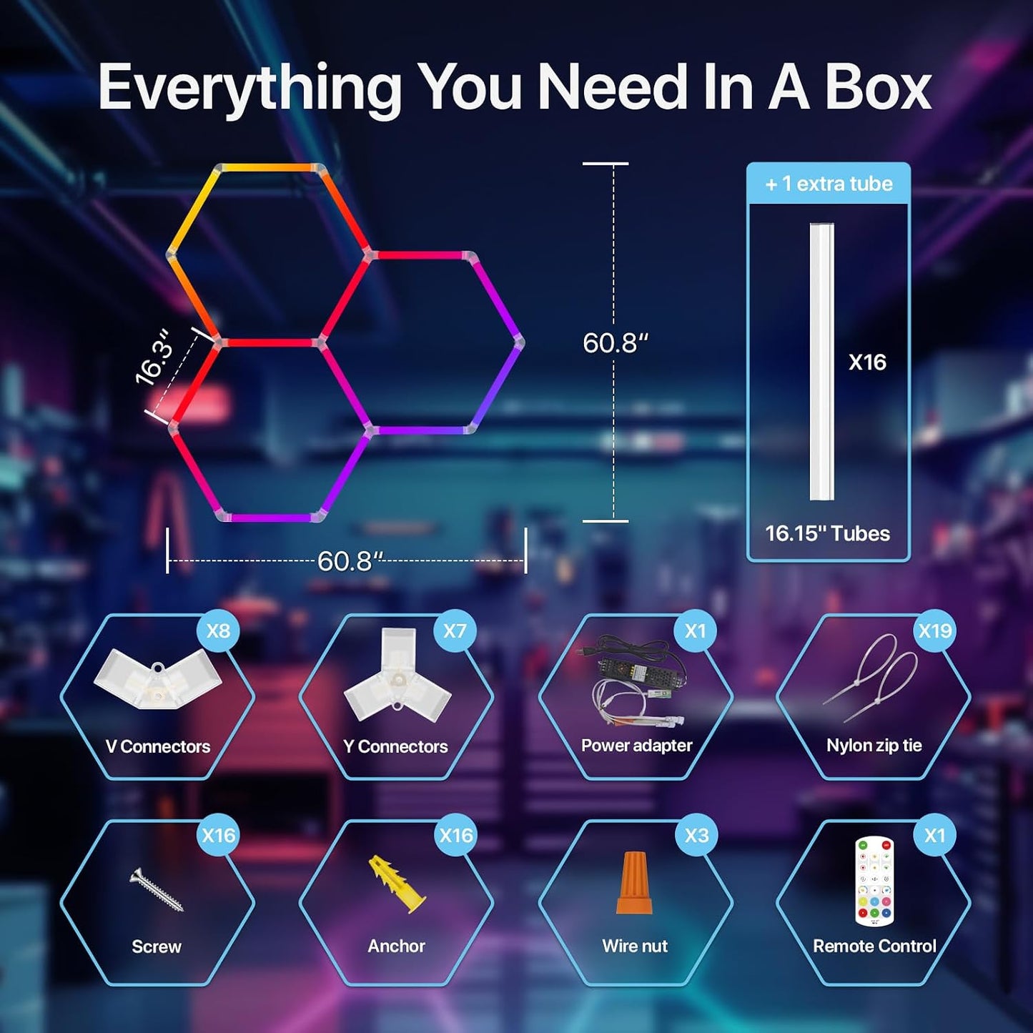 HYPERLITE Hexagon Garage Lights: Gen IV-3 Grid RGB Hexagon LED Lights with Music Sync Mode, App & Remote Control, Multi-Color Honeycomb Light for Gaming Room, Gym, Garage 3 HEX