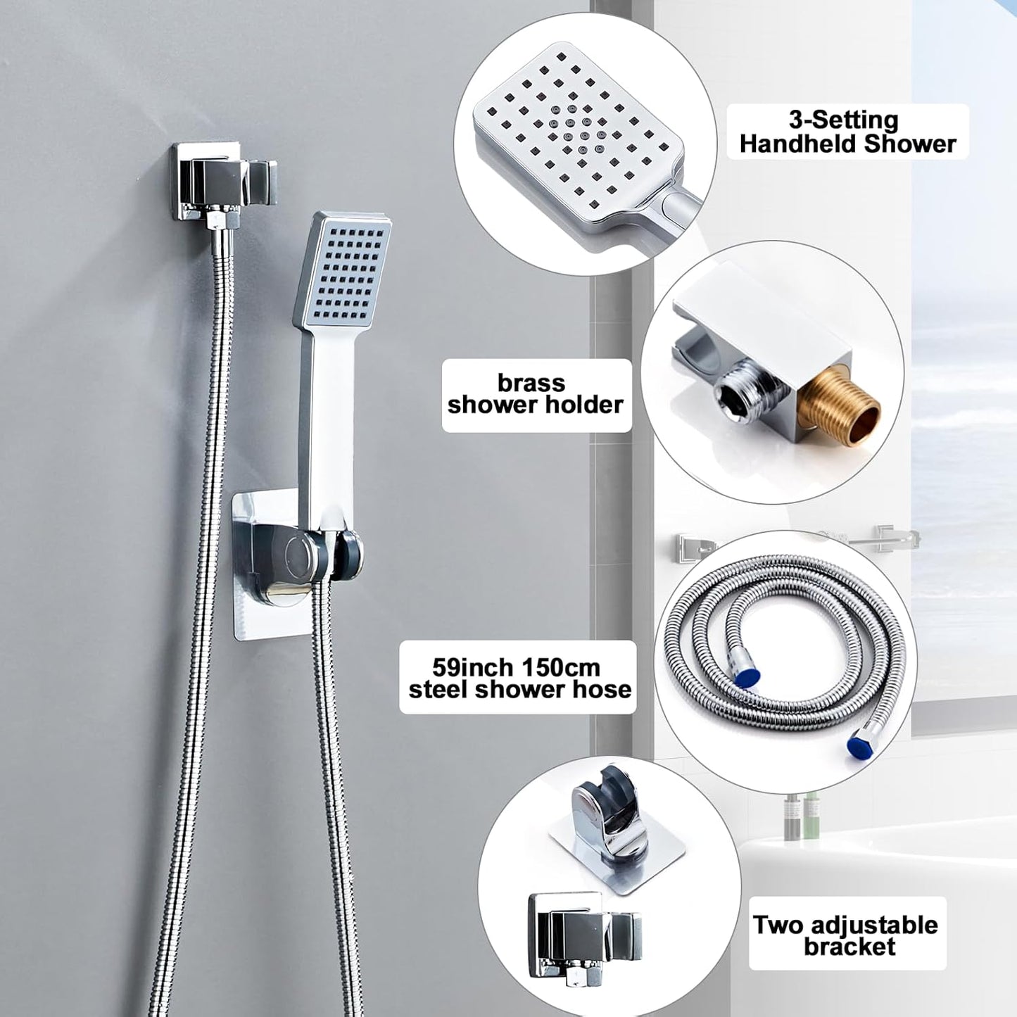 RTOBWEYE Shower Faucet Set Silver Shower System with 8 Inches Rain Shower Head,Ceiling Mount with 3-Setting Handheld Shower Combo System,Stainless