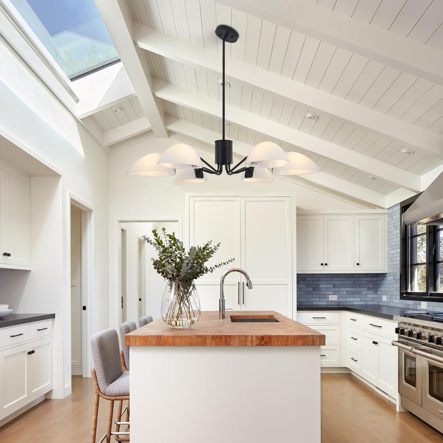 Black Chandeliers with Milk Glass Shades Modern Chandeliers for Dining Room Industrial 6 Light Pendant Light Fix