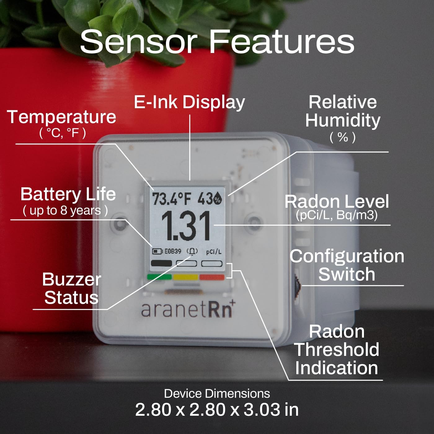 SAF Aranet Radon Detector for Home: 10-Min Measurement, Temperature, Relative Humidity, Pressure, E-Ink Display, 7-Year Battery, Portable with Free