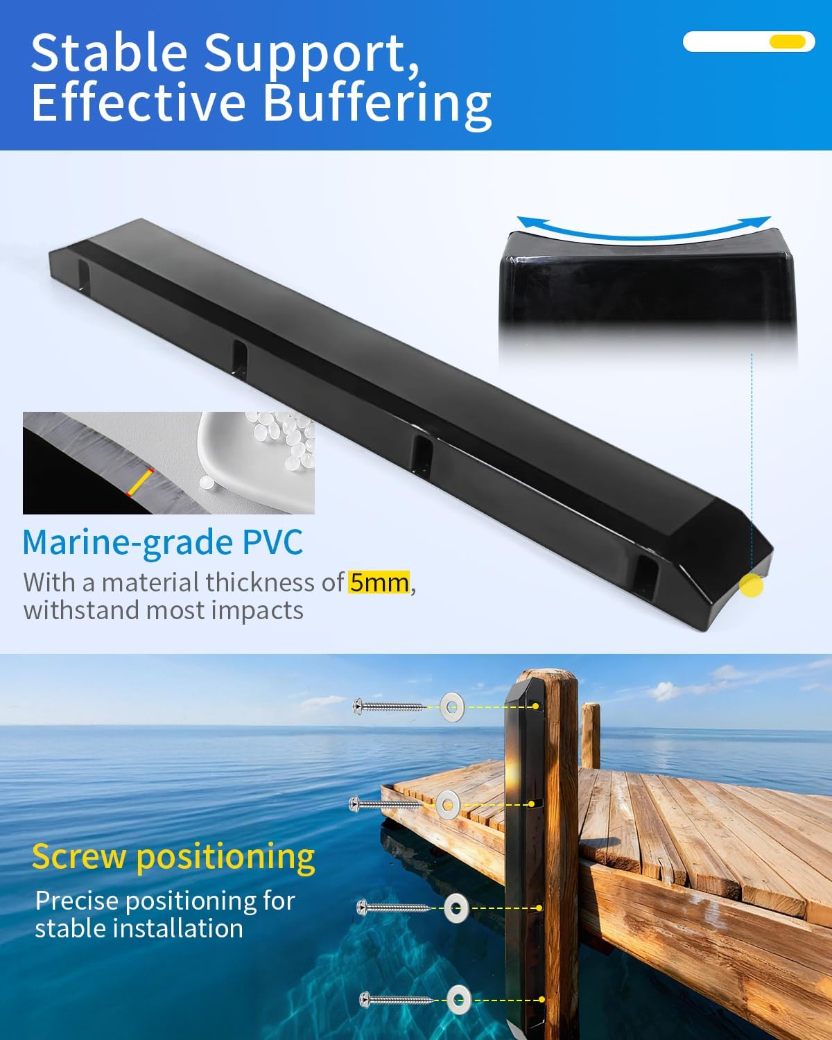 OCEANBROAD Dock Piling Bumpers 2 Pack, 48 Inch Marine-Grade Vertical Protection, 6.2" x 3.5" Inflatable PVC Fender Guards for Posts & Pilings, with Stainless Steel Hardware, Easy Installation