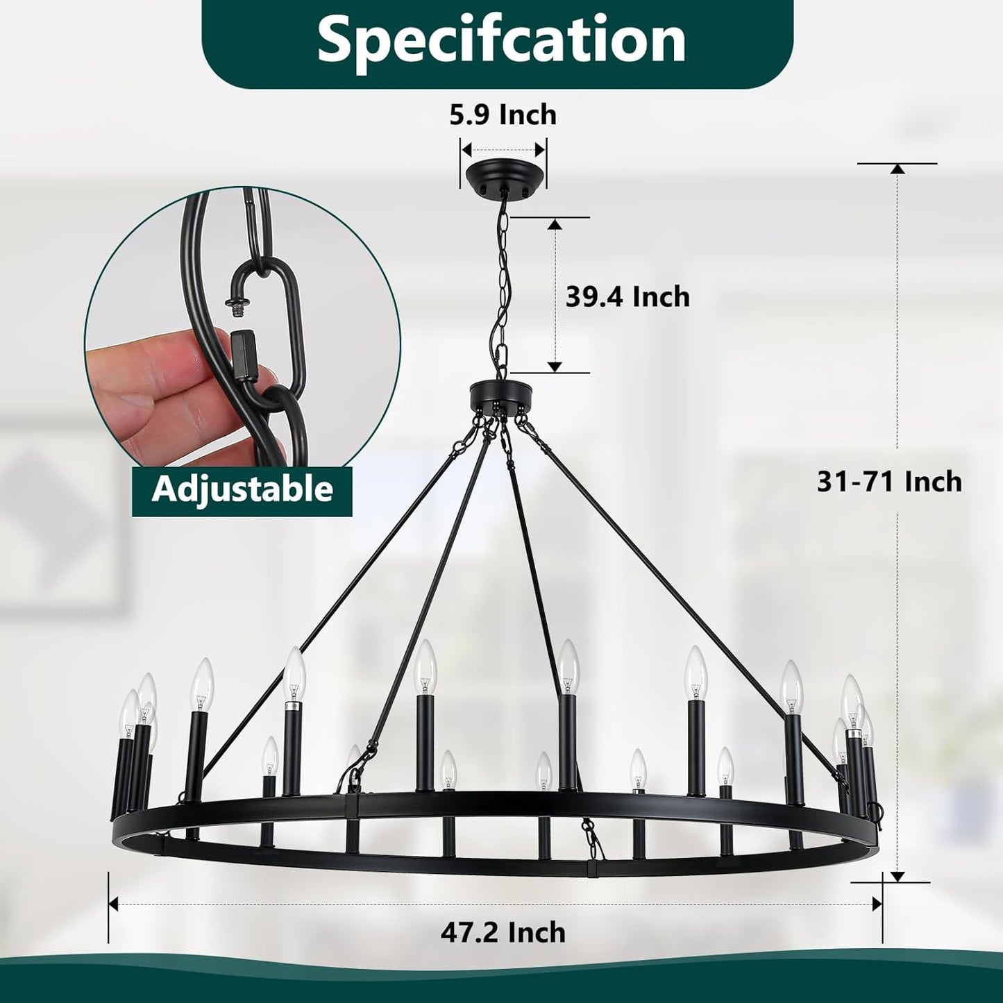 Black Wagon Wheel Chandelier 20 Lights 47.2 Inch, Farmhouse Chandelier with E12 Base, Black Industrial High Ceiling
(Some candlesticks may lean due