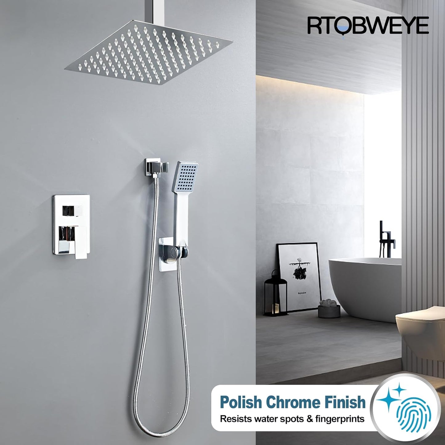 RTOBWEYE Shower Faucet Set Silver Shower System with 8 Inches Rain Shower Head,Ceiling Mount with 3-Setting Handheld Shower Combo System,Stainless