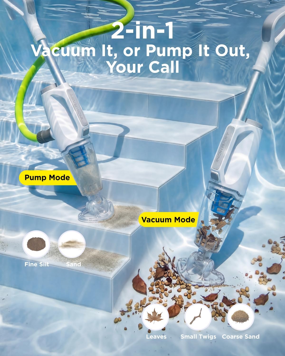 InoKraft 2-in-1 Cordless Handheld Pool Vacuum & Hot Tub Cleaner, Swap-On Replaceable Battery, High Suction for Above Ground Pools, Spa Vacuum with Stick Pump Drain Mode for Silt & Sand