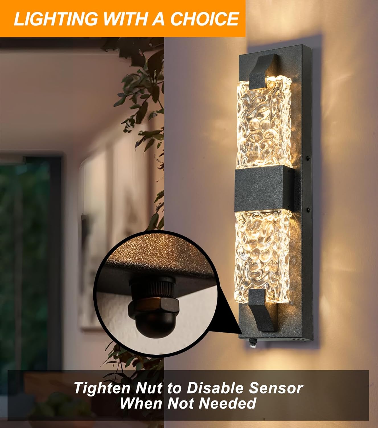 2 Pack Black Outdoor Wall Light 18.5" Dusk to Dawn Outdoor Lighting, Modern Crystal Ripple Porch Lights Outdoor Hardwired Non-Solar IP65 Waterproof Exterior Wall Sconce for House Garage Entryway Black 18.5IN (2 Pack)