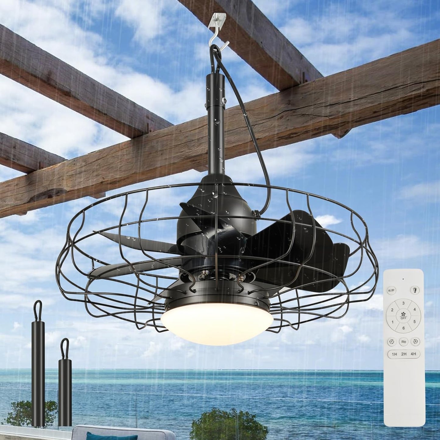 Powfloven 19&#39;&#39;Vintage Waterproof Black Outdoor Ceiling Fans with Lights, Plug in Wet Rated Gazebo Fan Light wit