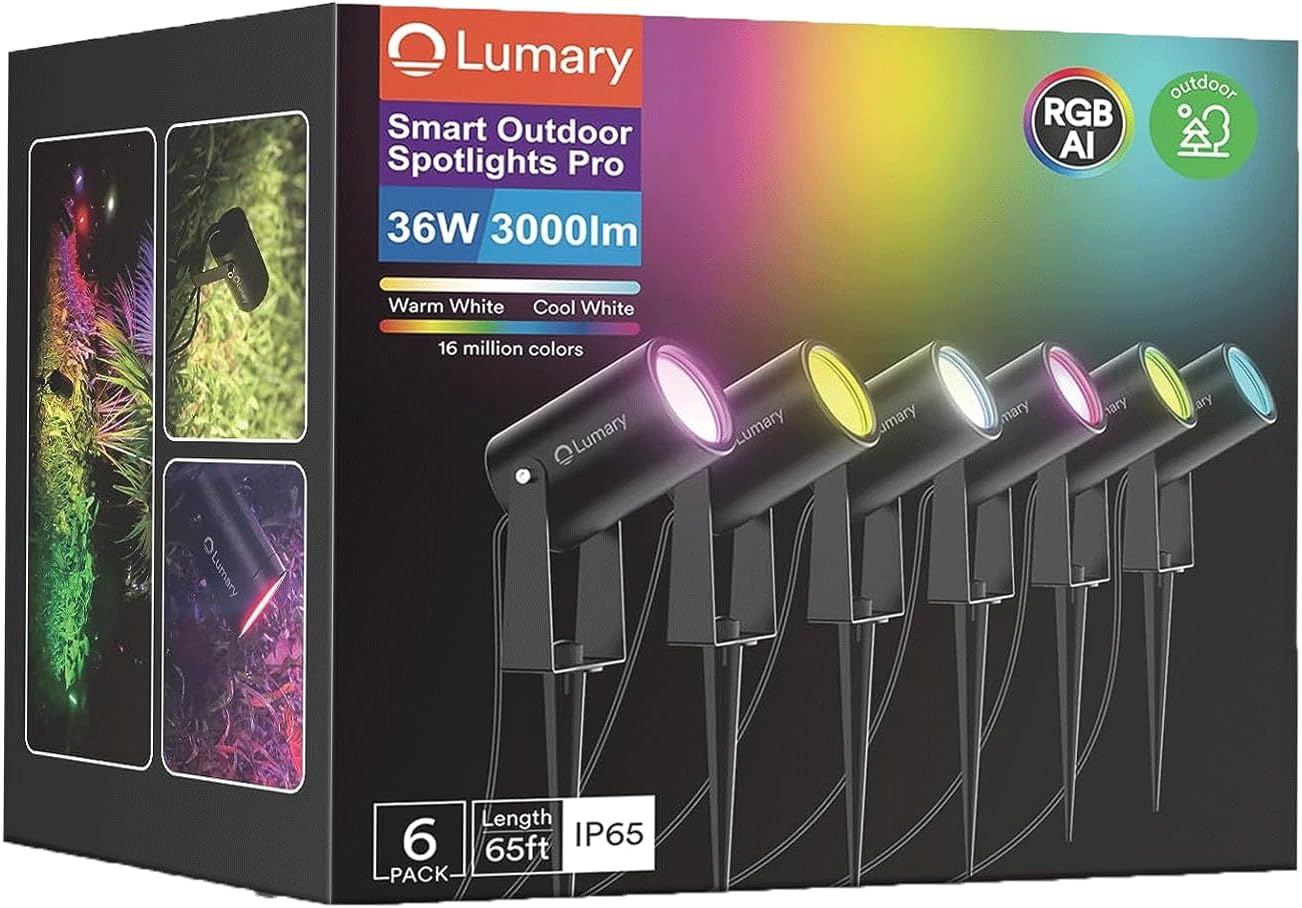 Lumary Outdoor Spot Lights Pro 500LM, 6 Pack Landscape Lighting IP65 Waterproof, 65FT RGBAIWW Outdoor Lights for Ya