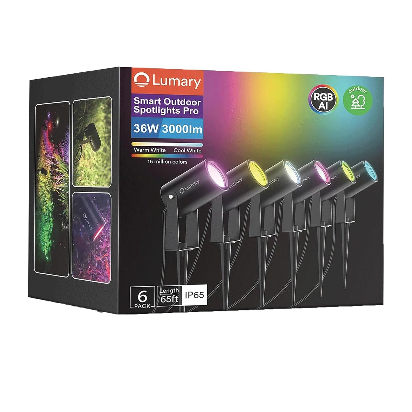 Lumary Outdoor Spot Lights Pro 500LM, 6 Pack Landscape Lighting IP65 Waterproof, 65FT RGBAIWW Outdoor Lights for Ya