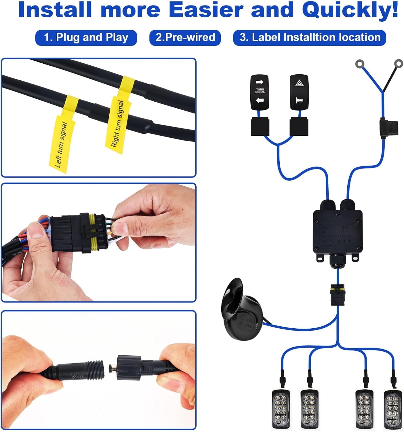 UTV Turn Signal Kit with 2 Rocker Switch and Dual Row 12 LED Beads Amber Light with Rocker Switch