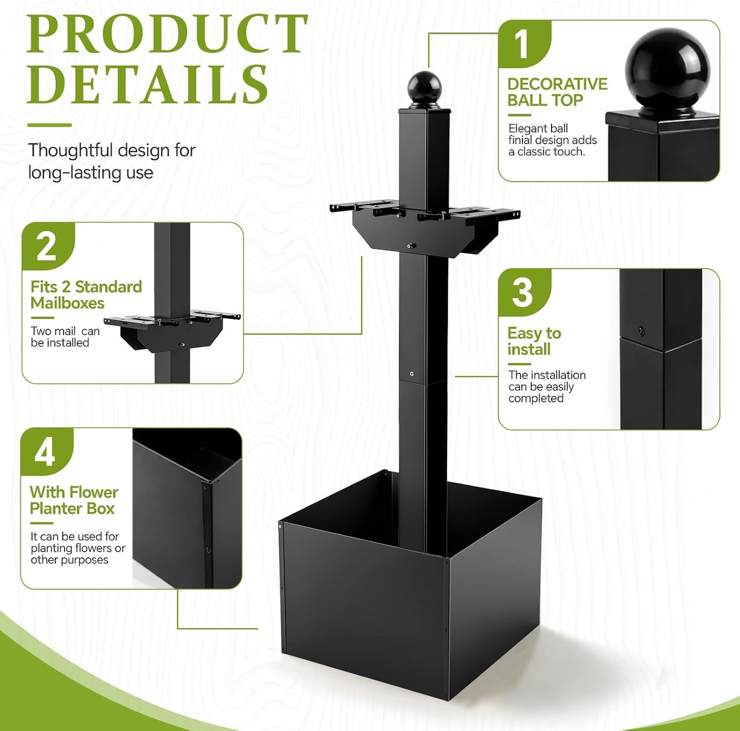 Colingmill Double Iron Mailbox Post with Planter Box for Outside, 65.35 x 4 x 4 Inch, Black Steel Mount for 2 Mailboxes, Heavy Duty Architectural Stand with Brackets (Mailbox Not Included)