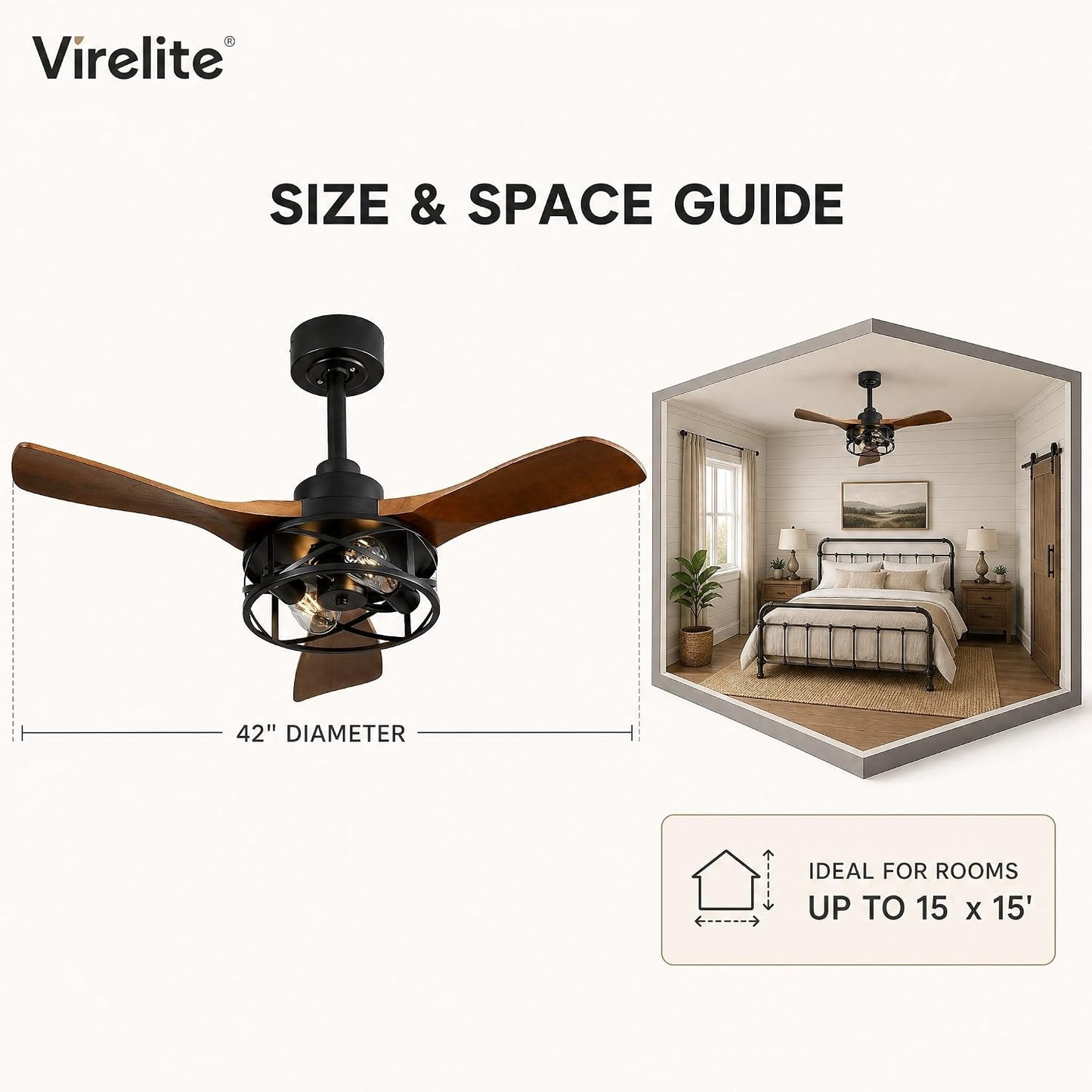 42 Inch Modern Farmhouse Ceiling Fan with Light, 3 Walnut Blade Industrial Cage Light, Quiet DC Motor, App & Remote, 4"+8" Downrods, Hard‑wired Indoor Fan for Bedroom & Living Room