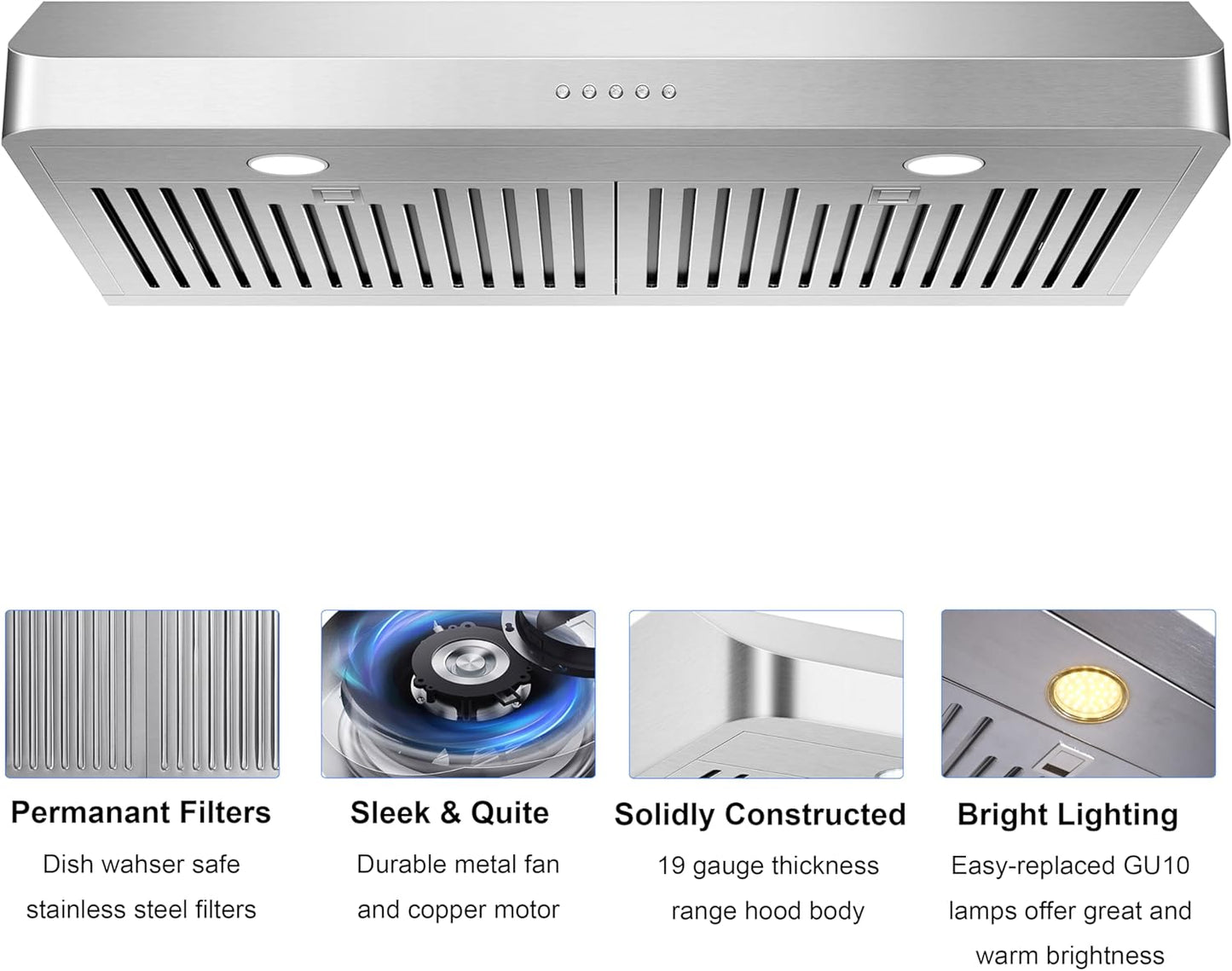 30 Inch Under Cabinet Range Hood Kitchen Vent Hood,Built in Range Hood for Ducted in Stainless Steel, with Permanent Stainless Steel Filters