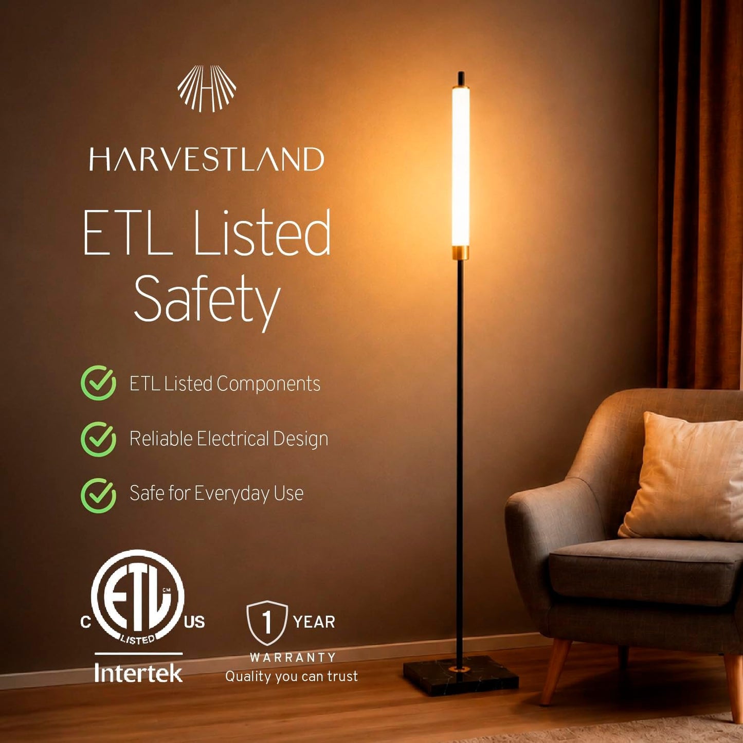 HarvestLand floor lamp, 56" LED standing light 16W 3000K Modern Marble Lamp with 50,000-Hour LED, Black & Brass standing lamp, minimalist lights for bedroom, living room lighting, Office Corner,1 Pack
