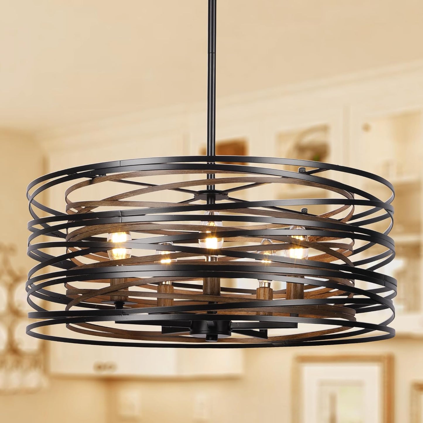 5-Light Drum Chandeliers for Dining Room 19.7' Rustic Farmhouse Dining Room Light Fixture Wood Grain and Vintage Black Metal Chandeliers