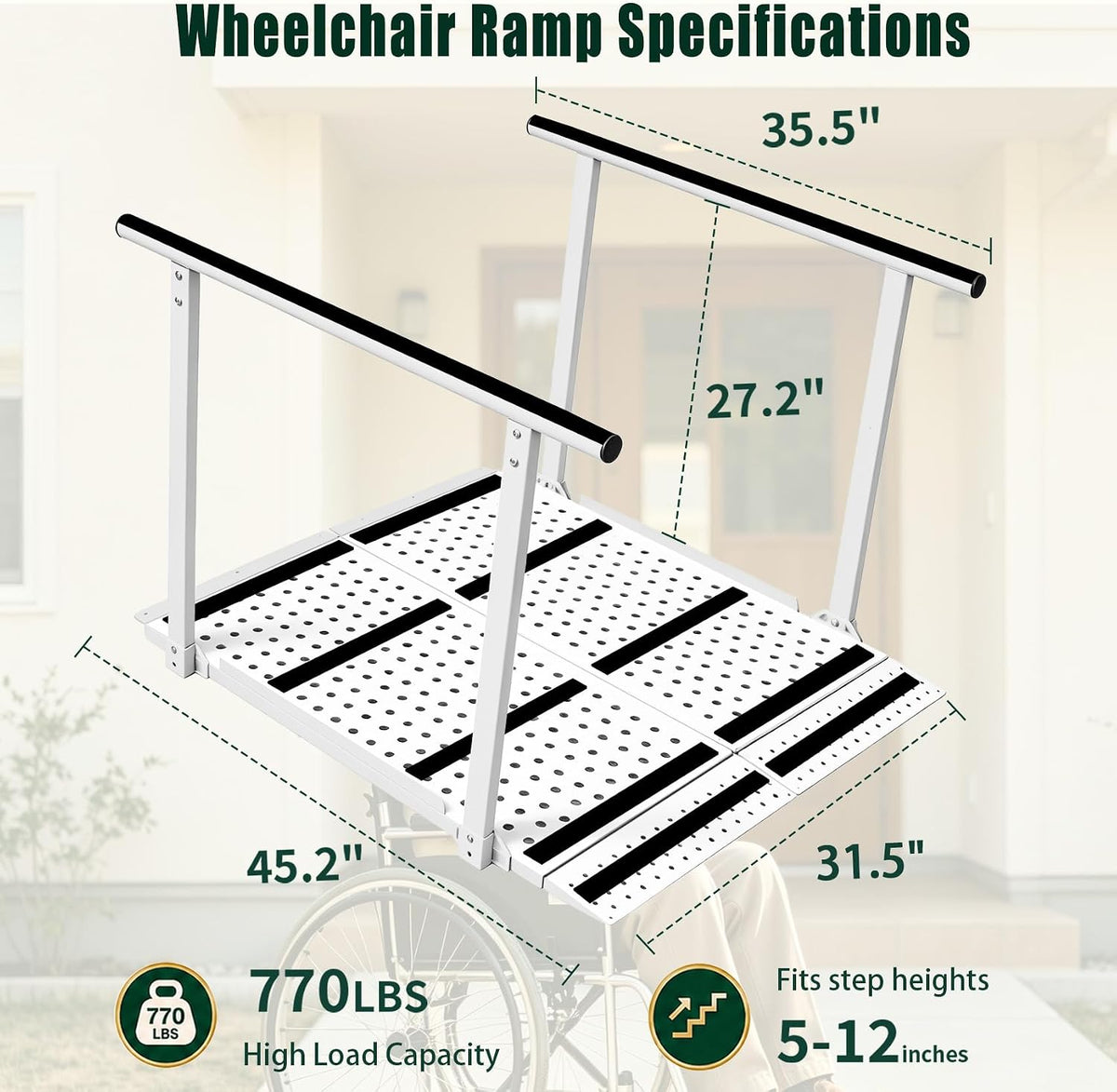 45 Inch Wheelchair Ramp with Handrails, 5‑12" Rise, Carbon Steel Wheelchair Ramp for Home Steps, 770 LBS Weight Capacity, Anti‑Slip Strips, for Home Steps & Mobility‑Impaired Users