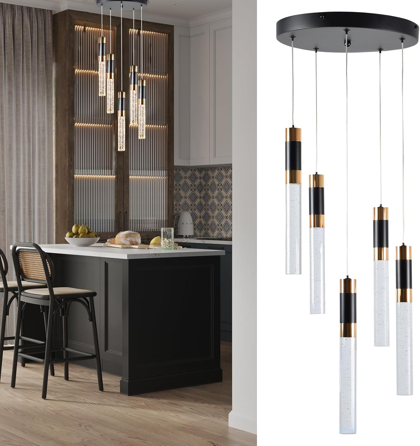 ELEKICO 5-Light Modern Bubble Crystal Black and Gold Led Pendant Light Fixture Kitchen Island Pendant Lighting for Kitchen Island Bedroom Hallway