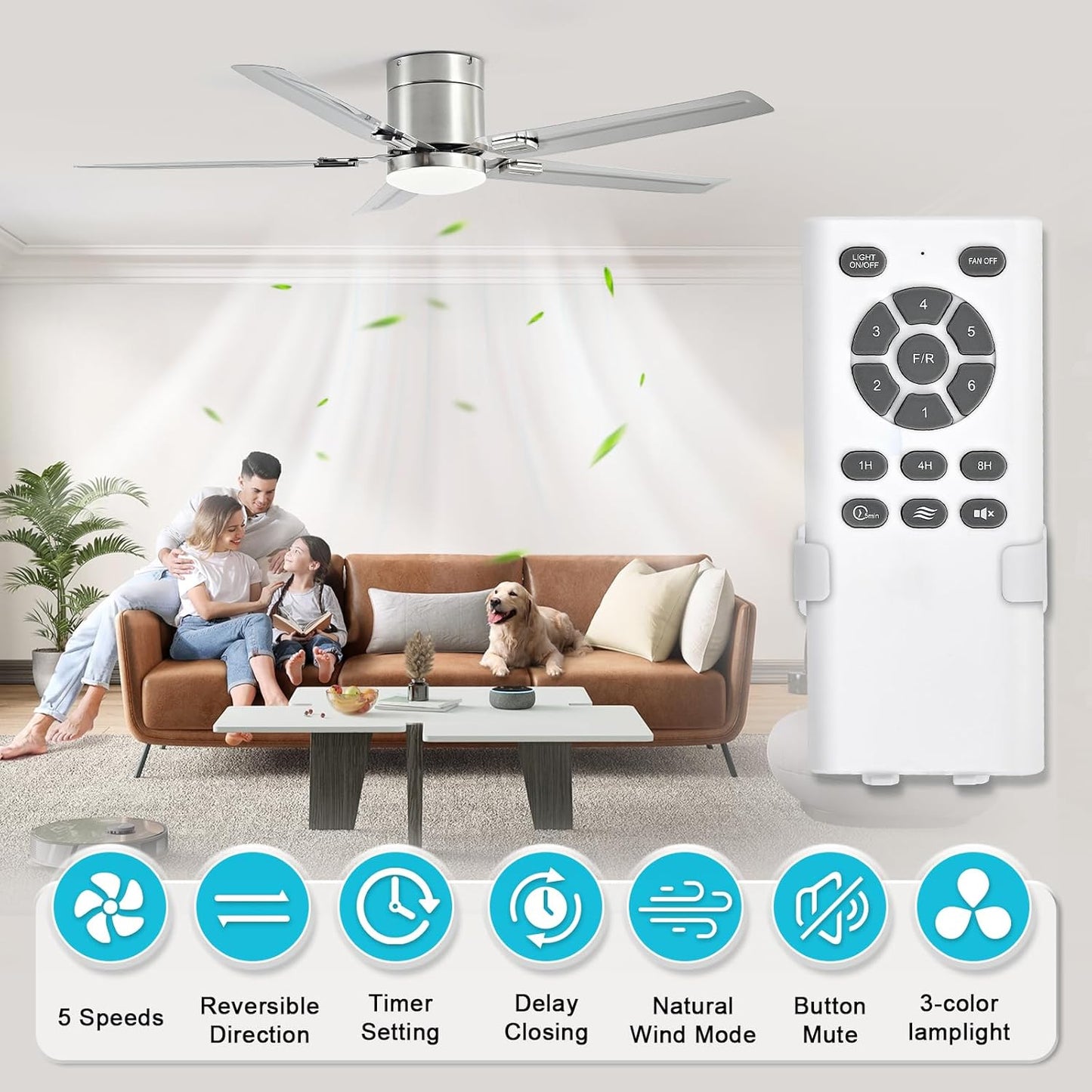 52inch Stainless Steel Ceiling Fan with Lights, 5 Blades, Remote Control, Low Profile Ceiling Fan, for Patio, Living Room, Bedroom, Office, Indoor,