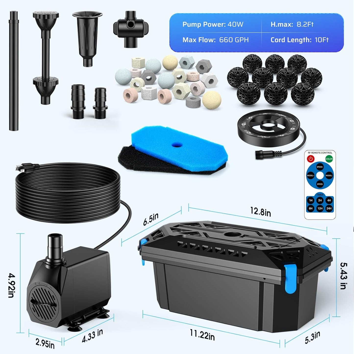 Antfraer Pond Filter with Fountain Kits, 660GPH Submersible Pond Pump with RGB LED Lights & Remote, All-in-One Pond Filter for Outdoor Ponds, Koi Pond, Water Gardens & Waterfall, Up to 1300 Gallons 660GPH with U-V & RGB Lights