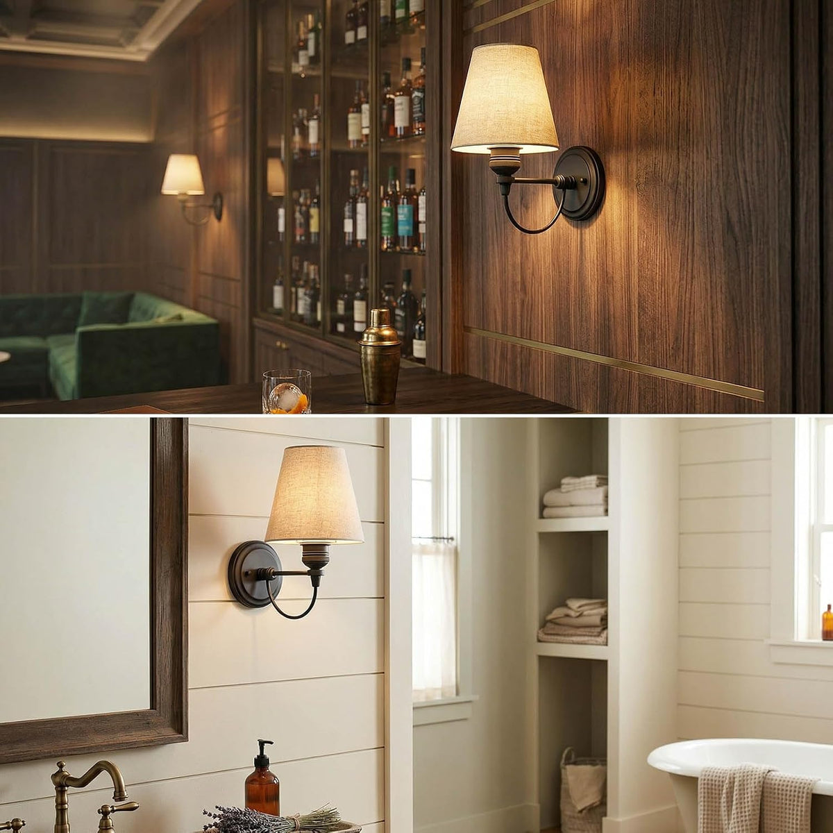 Retro Wall Sconce Set of 2 with Linen Fabric Shade Hardwired