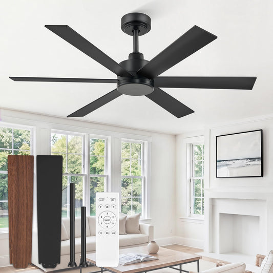 48 Inch Ceiling Fan No Light, Black Ceiling Fan Without Light, 6 Blades, Quiet Reversible DC Motor, 6-Speeds, Modern Ceiling Fan for Living Room, Bedroom, Patio, Indoor/Outdoor Use Black 48 Inch