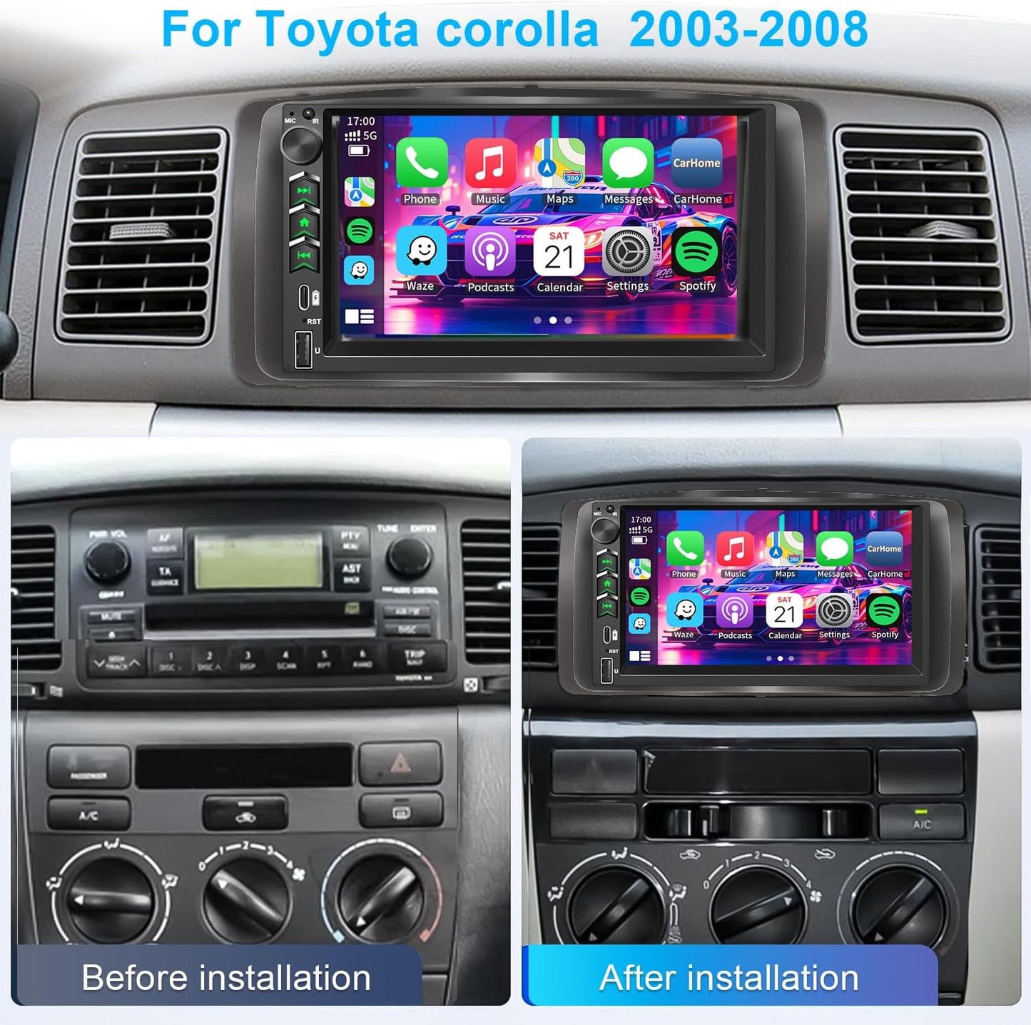 Plug&Play Car Stereo for Toyota Corolla 2003 2004 2005 2006 2007 2008, 7 Inch IPS Touch Screen with Wireless Carplay/Android Auto/MirrorLink,SWC/Backup Camera,DSP,AM/FM Radio