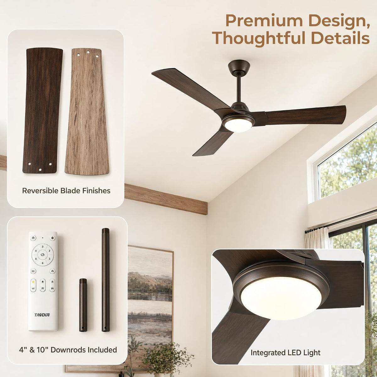 52 Inch Ceiling Fan with Light, DC Motor 52 inches Double Wood Grain
