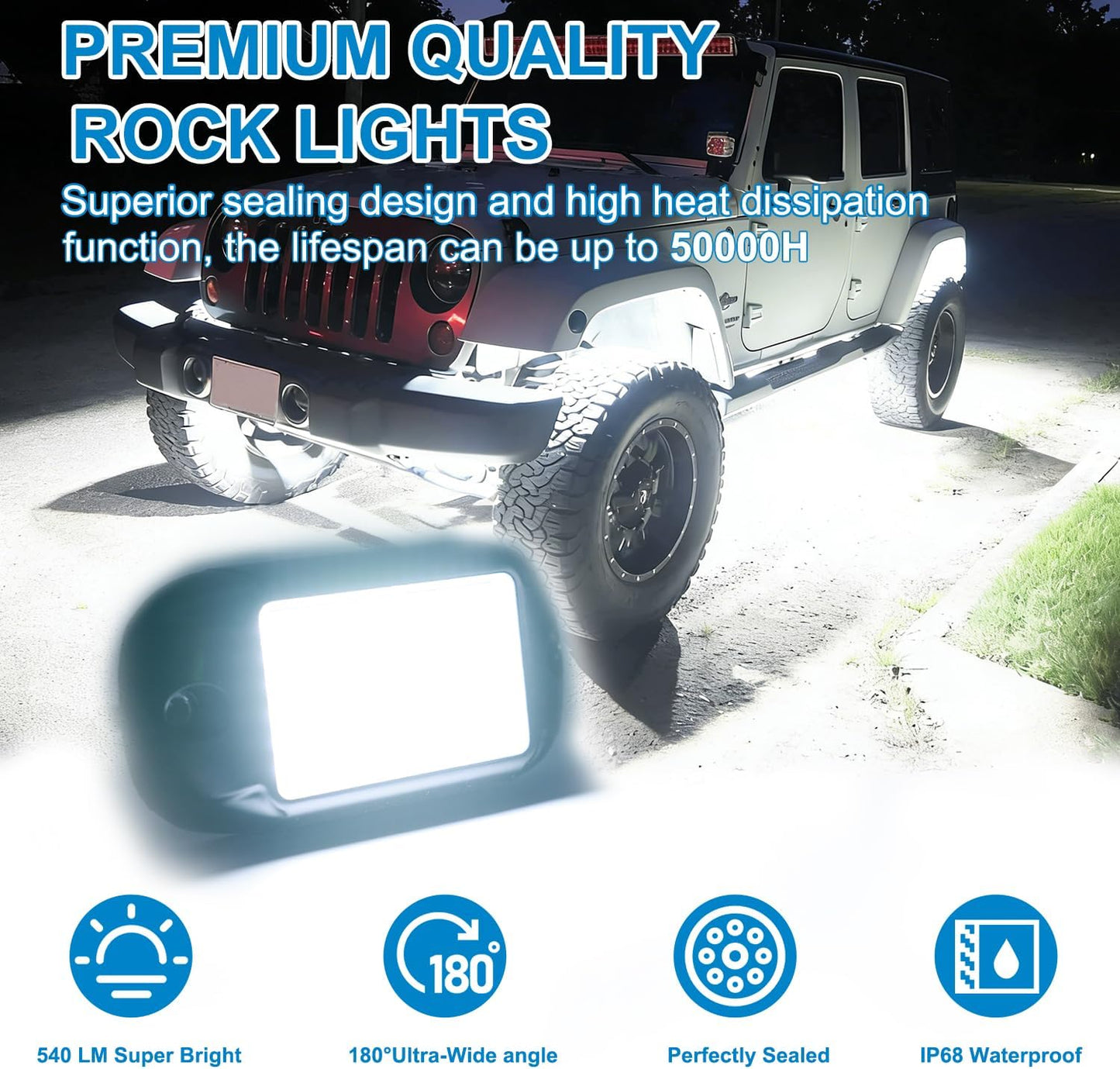 84 LEDs per pod Metal Aluminum Pure White Rock Lights 6000k Neon underglow Light IP68 Waterproof for Bike Motorcycle Pickup Trucks SUV ATV Pack 8