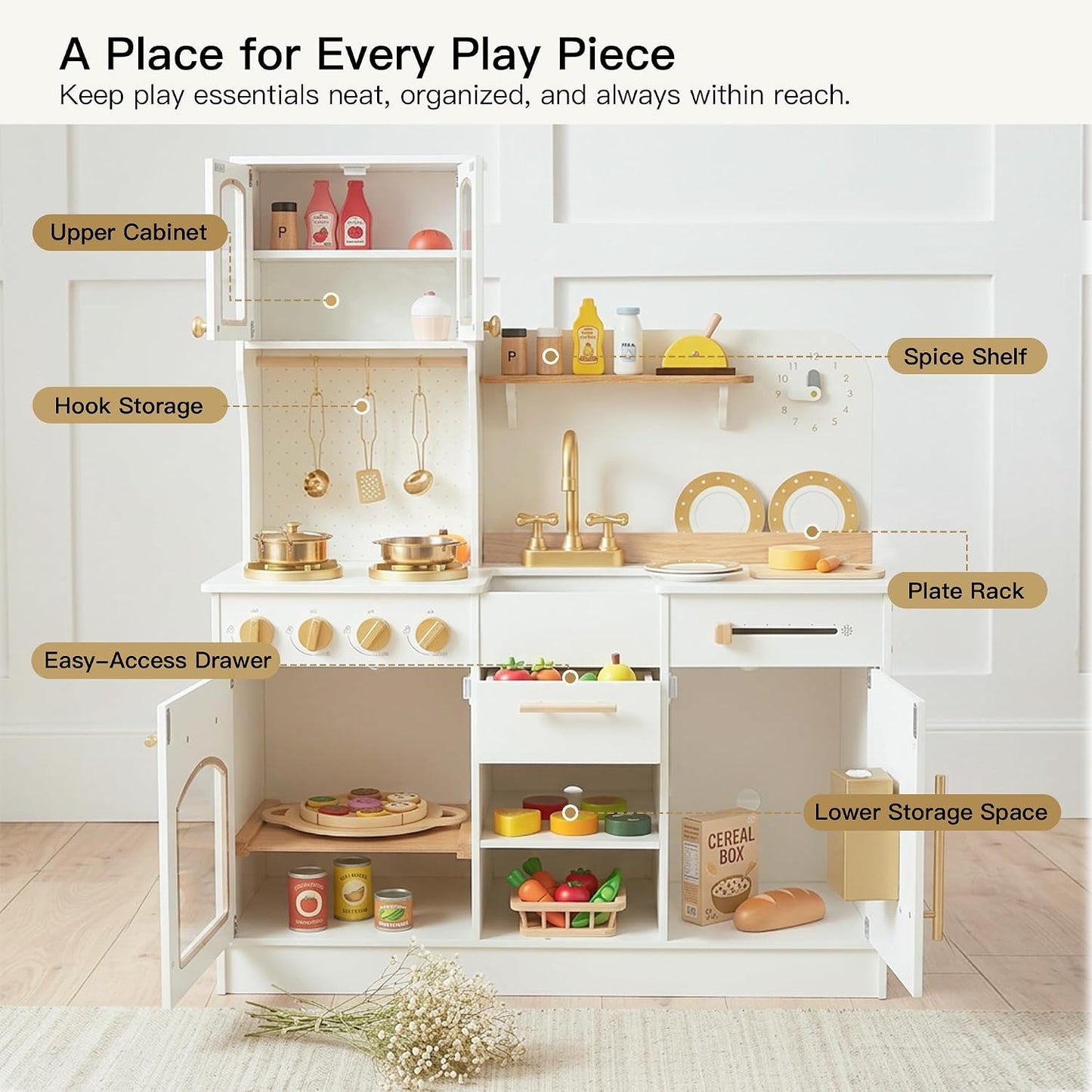 Wooden Play Kitchen for Kids with Extra Storage & Accessories, Kids Kitchen Playset, Pretend Play Toy Kitchen Set, Gift for Kids Ages 3+