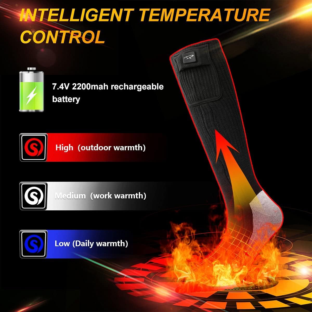 Sun Will Heated Socks for Men Women, 3 Heat Settings, USB Rechargeable