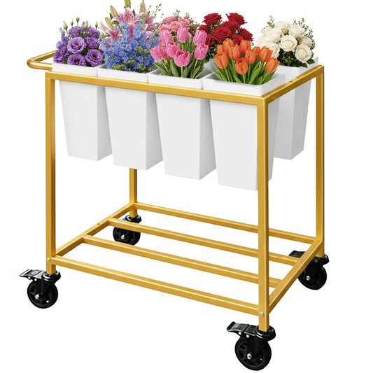 Flower Display Stand, Flower Cart with 8 Buckets,Flower Cart Display Stand with Wheels,Bloom Bar,Flowers Stand for Wedding ,Party and Home Decor, Gold