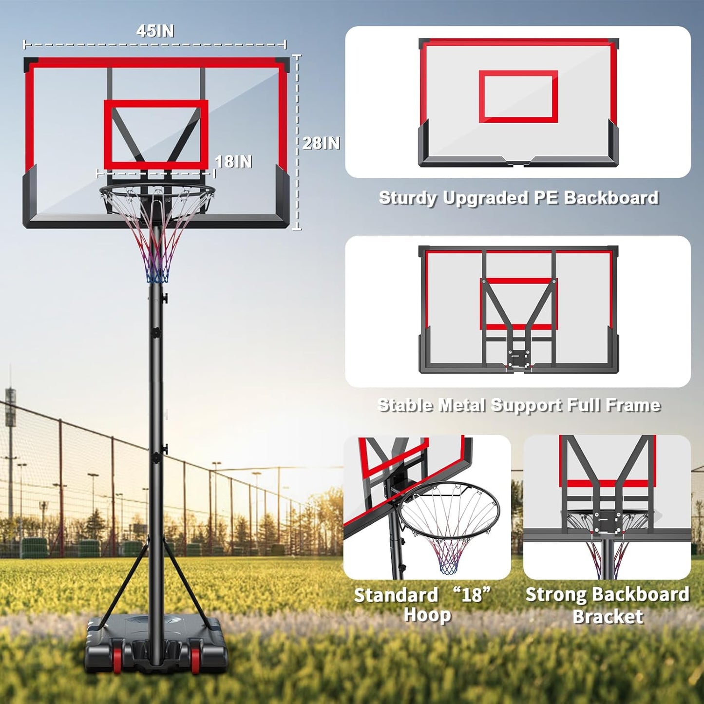 Basketball Hoop Outdoor, 10FT Adjustable Height, Portable Basketball Hoops Goal Court System w/ 45in Shatterproof Backboard for Kids Youth Adults