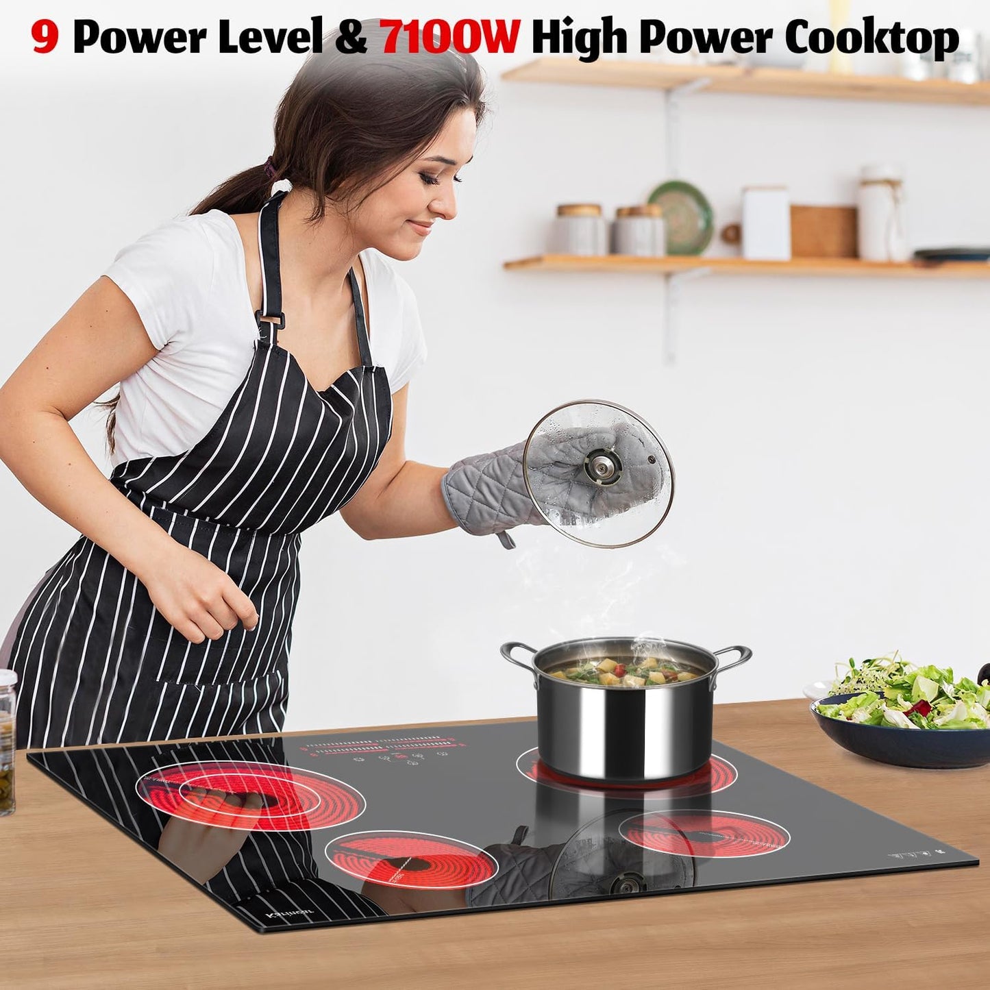 4 Burner Electric Cooktop 30 Inch, 220V Electric Stove Top 30 Inch Built-in Install, 7100W Electric Ceramic Cooktop with Slide Control, Timer, Child