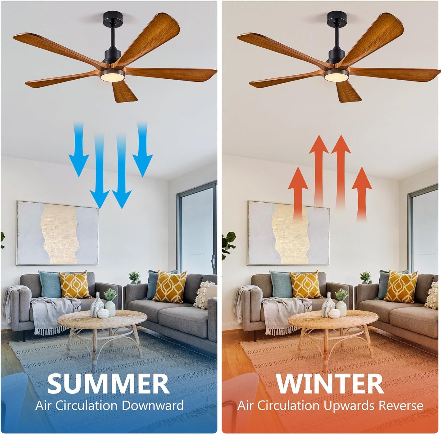 ABZ Ceiling Fans with Lights Remote Control - 52 inch Outdoor Indoor 5 Walnut Wood Blades Modern Ceiling Fan DC Reversible Motor for Patio Bedroom