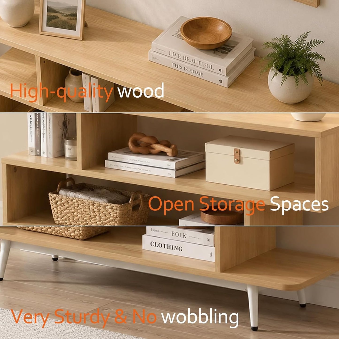 TV Stand for TVs up to 45 Inches, Modern Entertainment Center with Three-Tier Open Storage Shelves for Media TV Console Table, Living Room, Bedroom, Family Room, Easy Assembly-Walnut
