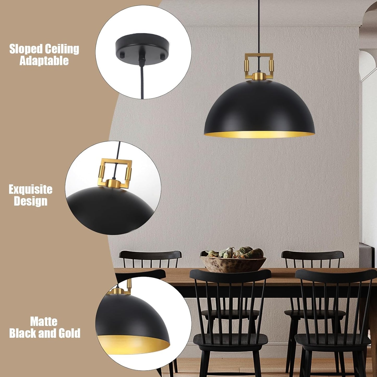 Black Dome Pendant Lights Kitchen Island, 17.7&#34; Modern Pendant Light Fixtures, Industrial Large Pendant Light, Farmhouse Hanging Pendant Lighting